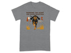 Running dog with text "Running on scent and good intentions" on a grey t-shirt.