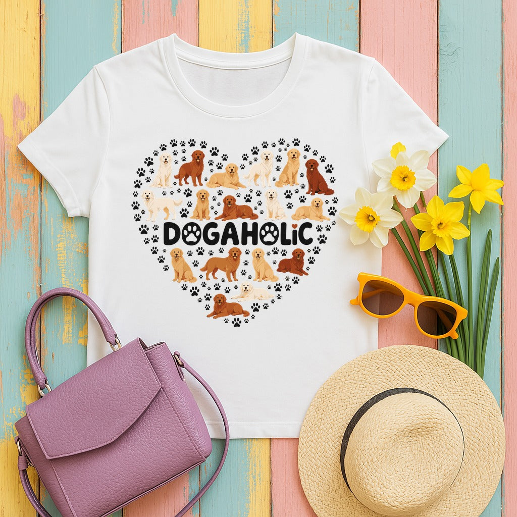 Golden Retriever Dogaholic Heart T-Shirt in White