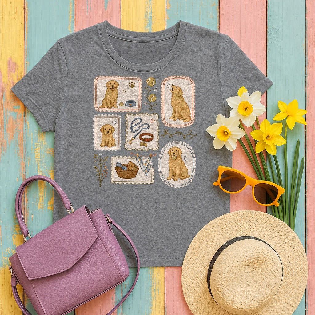 Cozy Golden Retriever Vignettes T-Shirt in Graphite Heather