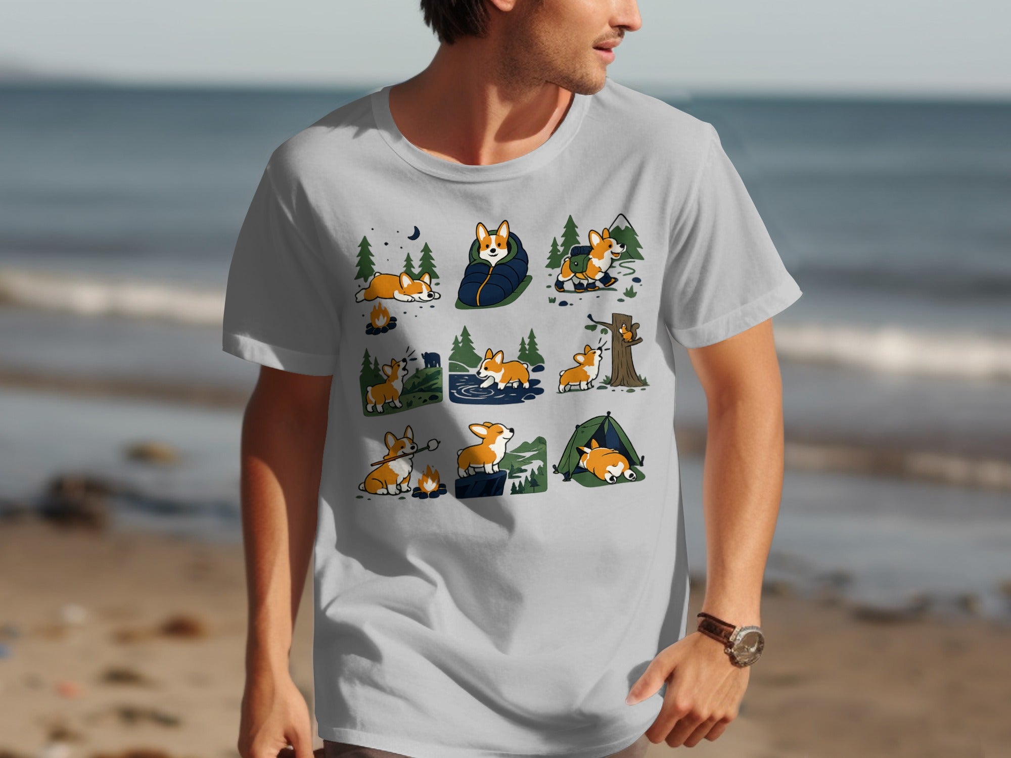 Light grey t-shirt featuring a grid of nine illustrations of corgis camping in various activities.