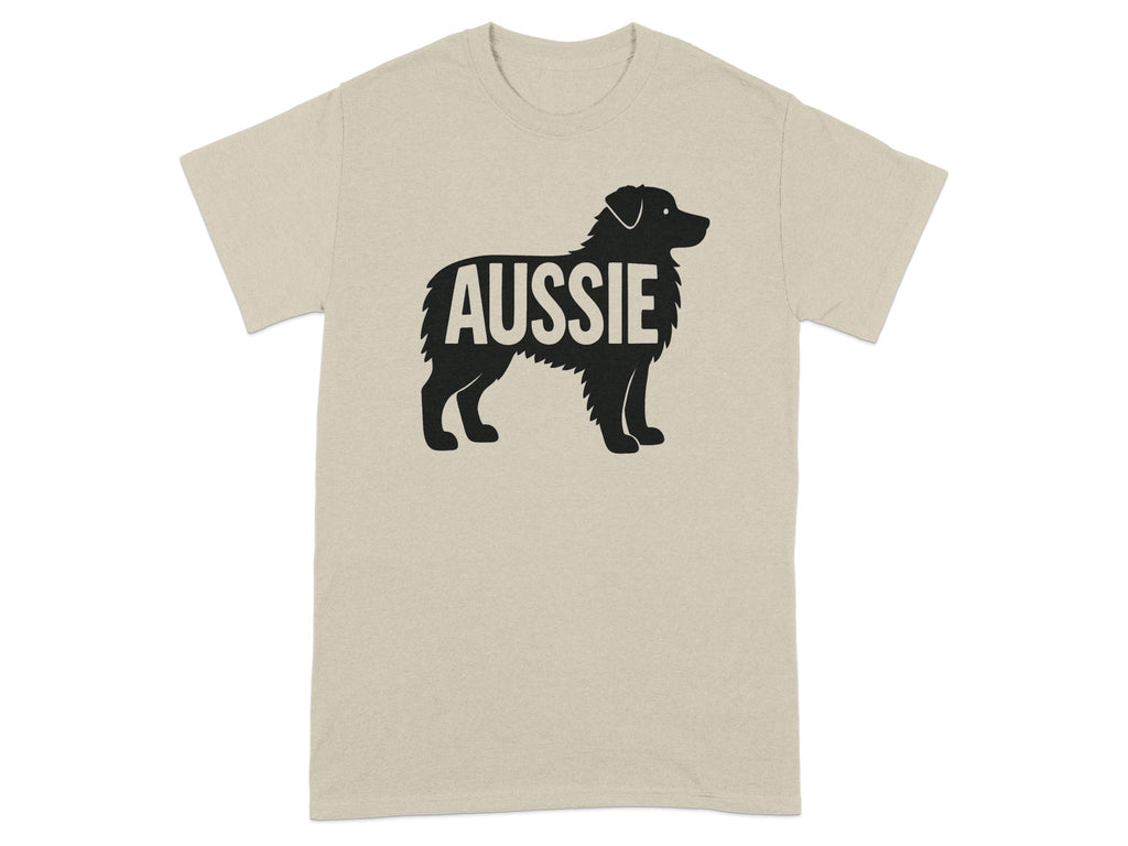 Tan t-shirt with black silhouette of an Australian Shepherd dog and the word "Aussie."