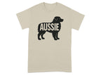 Tan t-shirt with black silhouette of an Australian Shepherd dog and the word "Aussie."