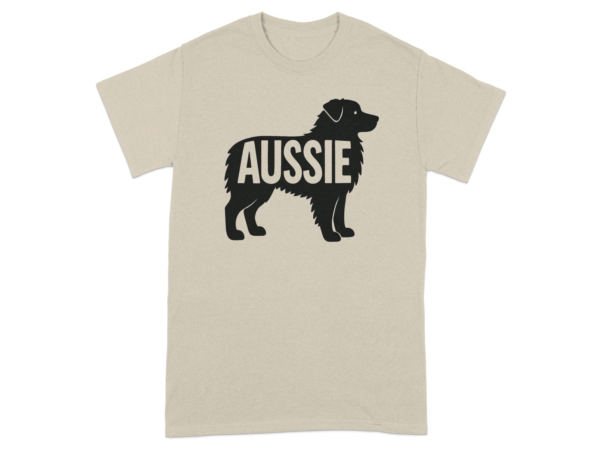 Tan t-shirt with black silhouette of an Australian Shepherd dog and the word "Aussie."