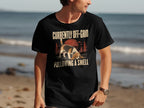 Black t-shirt with text "CURRENTLY OFF-GRID FOLLOWING A SMELL" and beagle graphic.