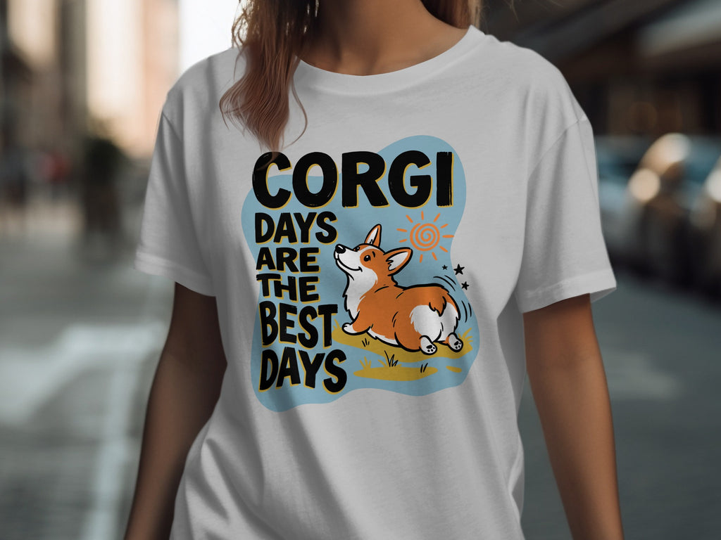 Light blue t-shirt with "Corgi Days Are The Best Days" text and a cartoon corgi.