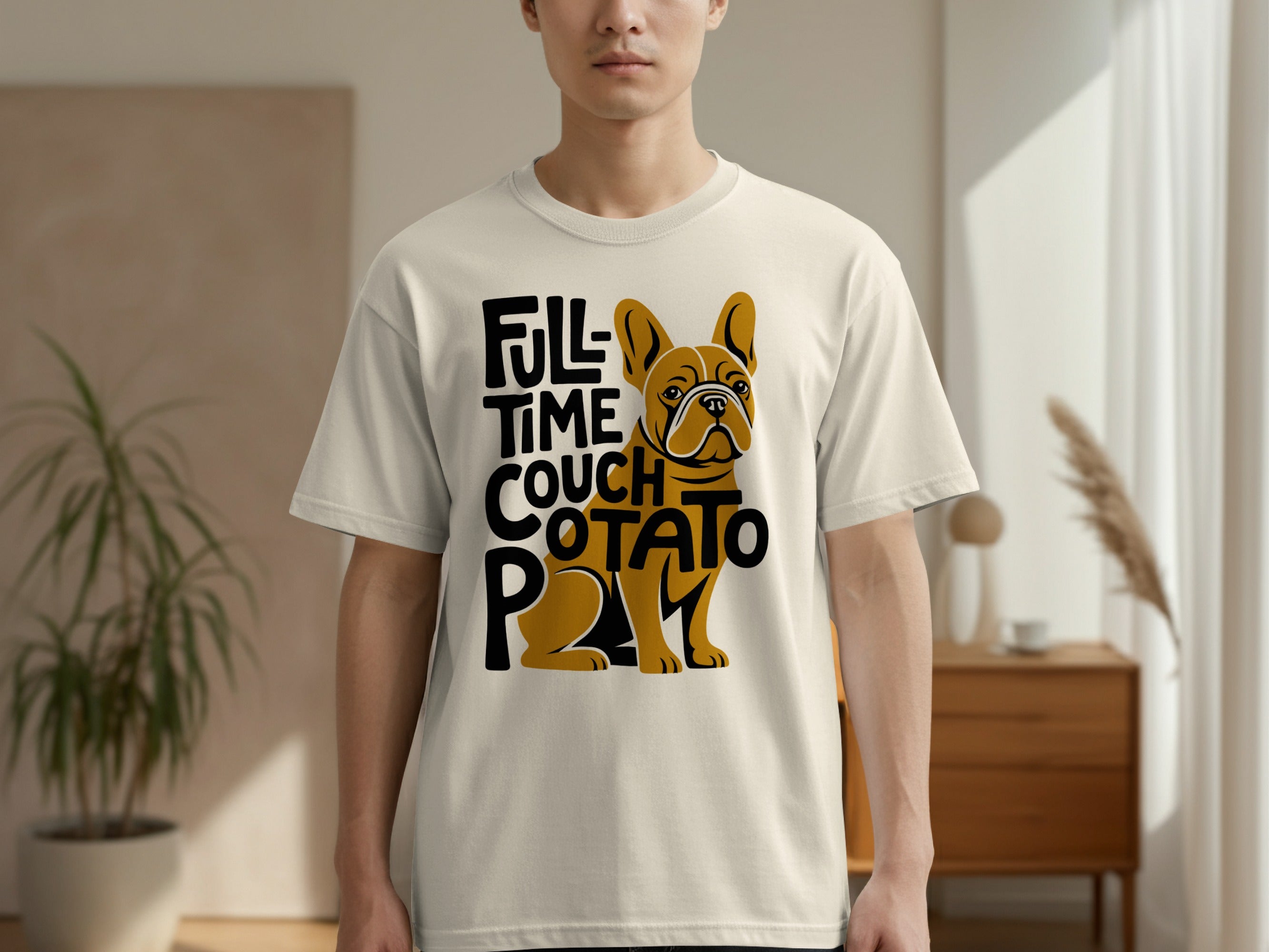 French bulldog on t-shirt with "Full Time Couch Potato" text.