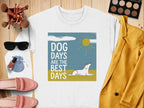 White t-shirt with "DOG DAYS ARE THE BEST DAYS" text and a dog illustration.
