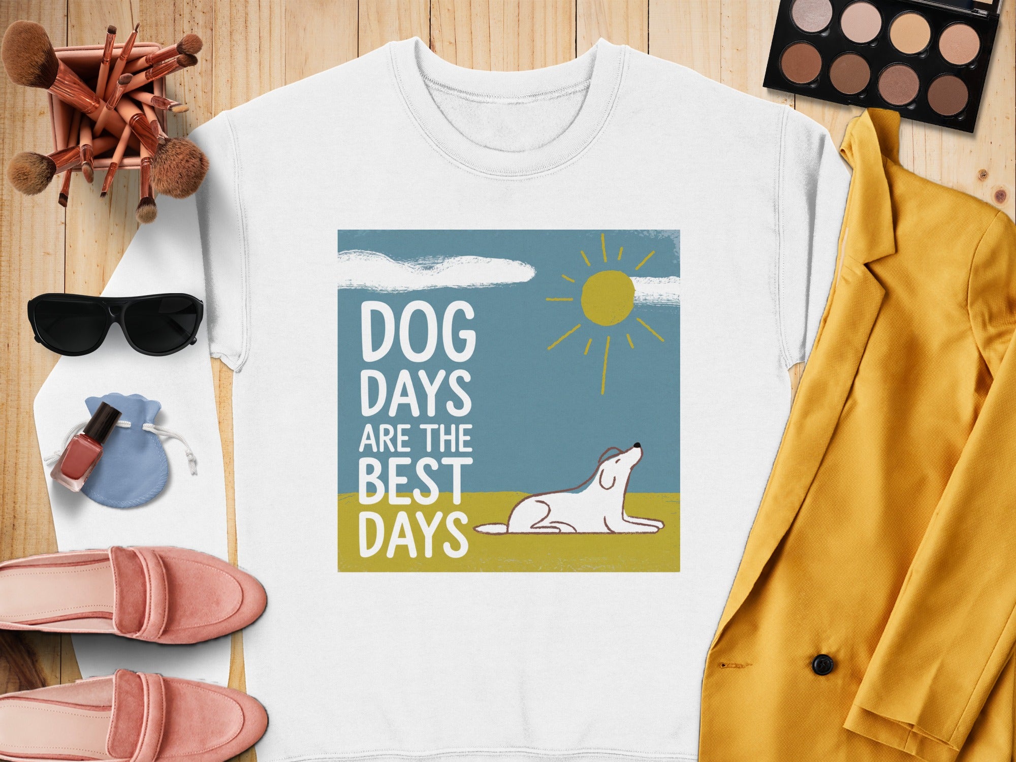 White t-shirt with "DOG DAYS ARE THE BEST DAYS" text and a dog illustration.