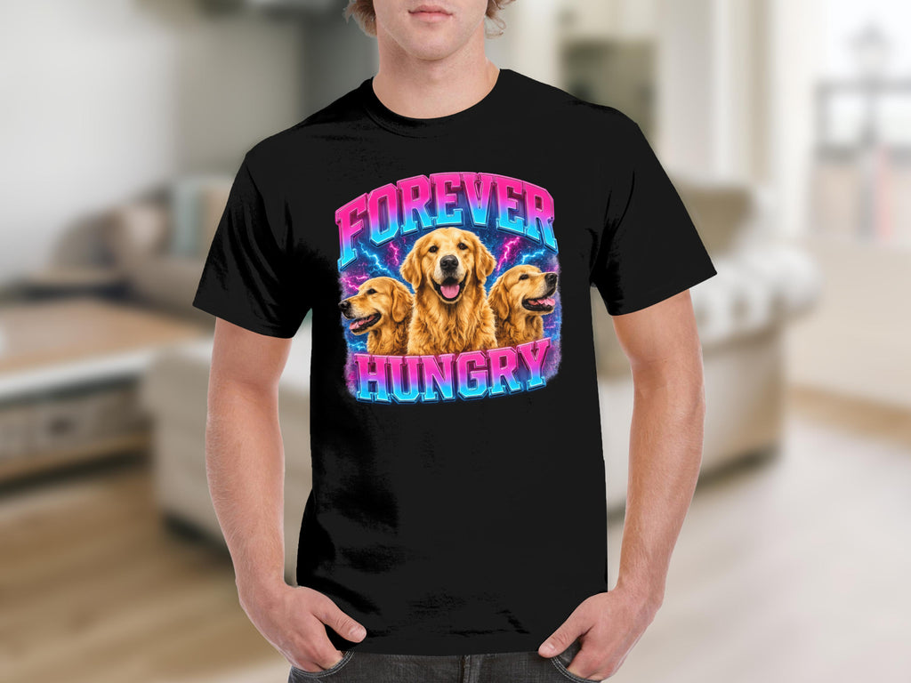 Black t-shirt with three Golden Retrievers and "FOREVER HUNGRY" text.