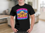 Black t-shirt with three Golden Retrievers and "FOREVER HUNGRY" text.