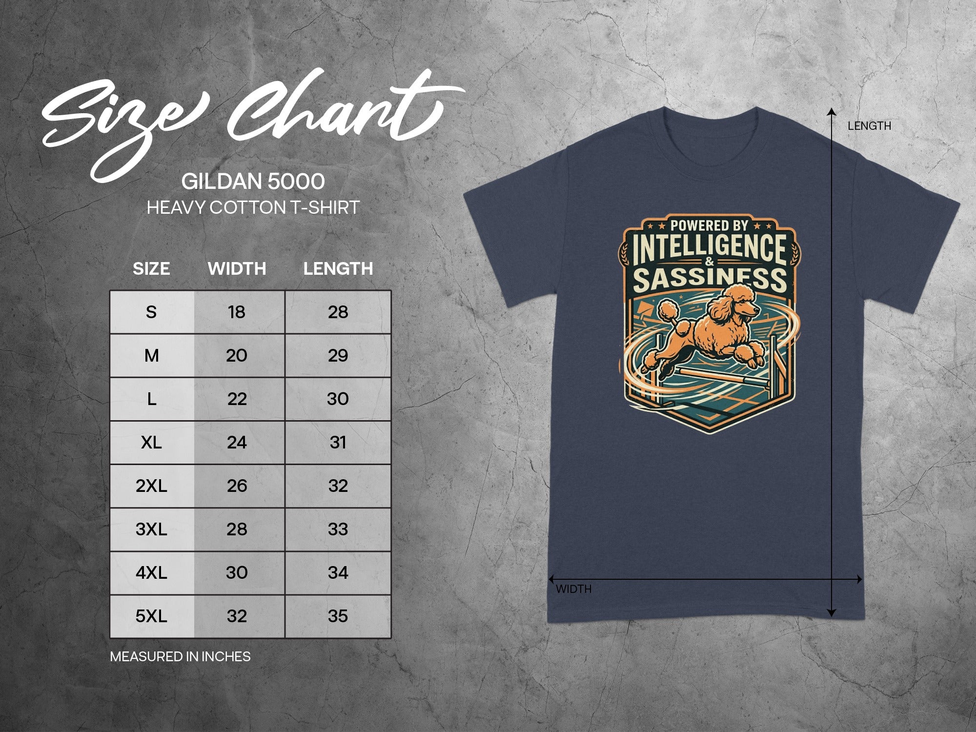 Gildan 5000 size chart with t-shirt graphic and "Powered by Intelligence & Sassiness" text.