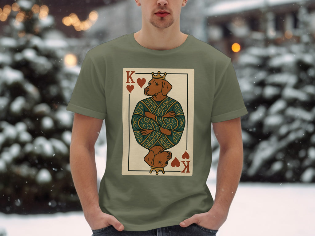 T-shirt with King of Hearts playing card graphic featuring a crowned dog.