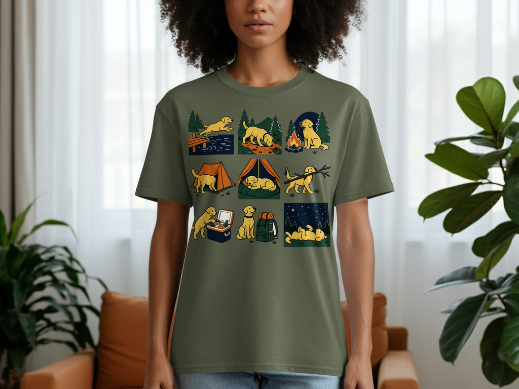 T-shirt with cartoon dogs camping, playing, and sleeping outdoors in nine illustrated panels.