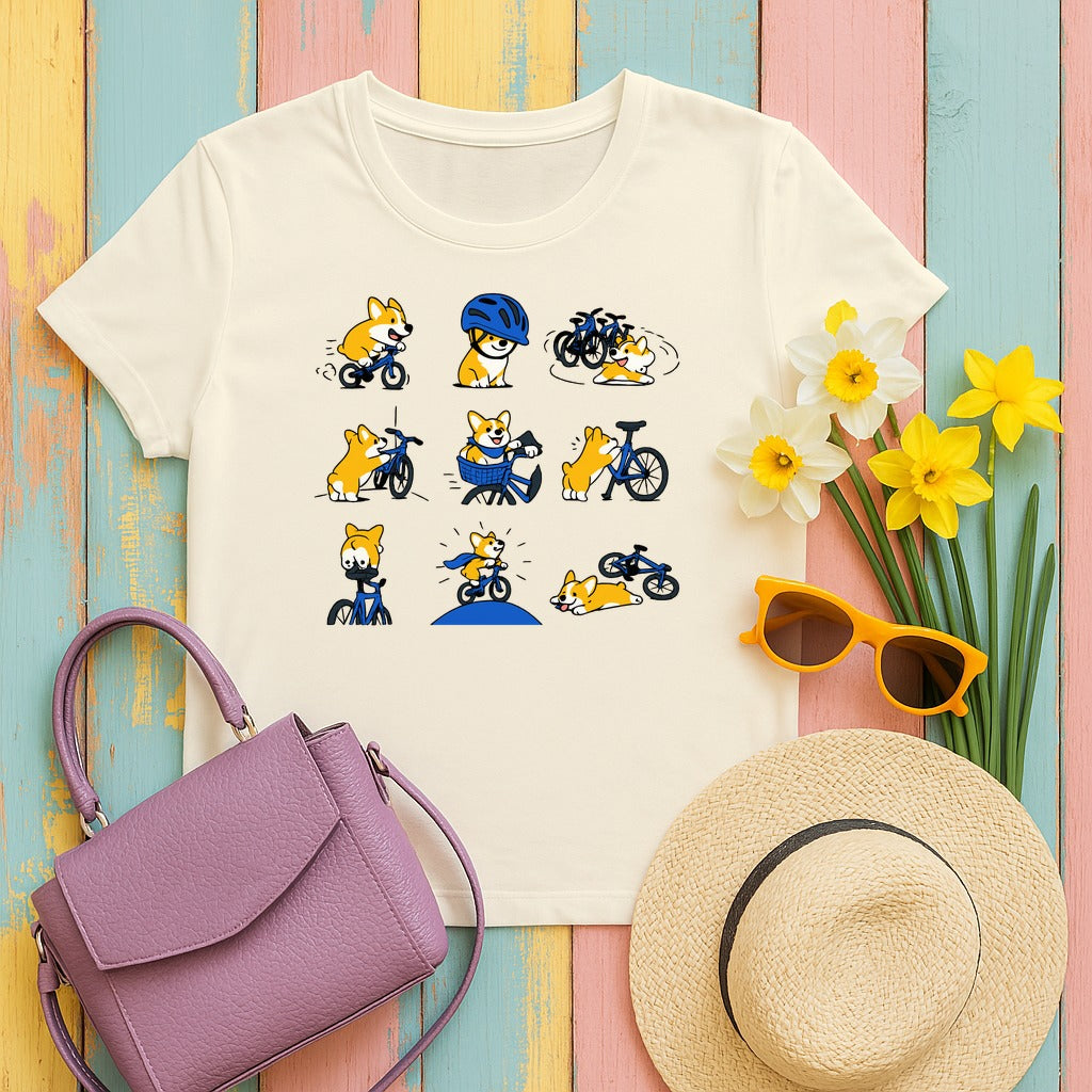 Whimsical Corgi Cycling Adventures T-Shirt in Natural