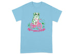 Light blue t-shirt with a dog on a bicycle and the text "Off to cause a kerfuffle."