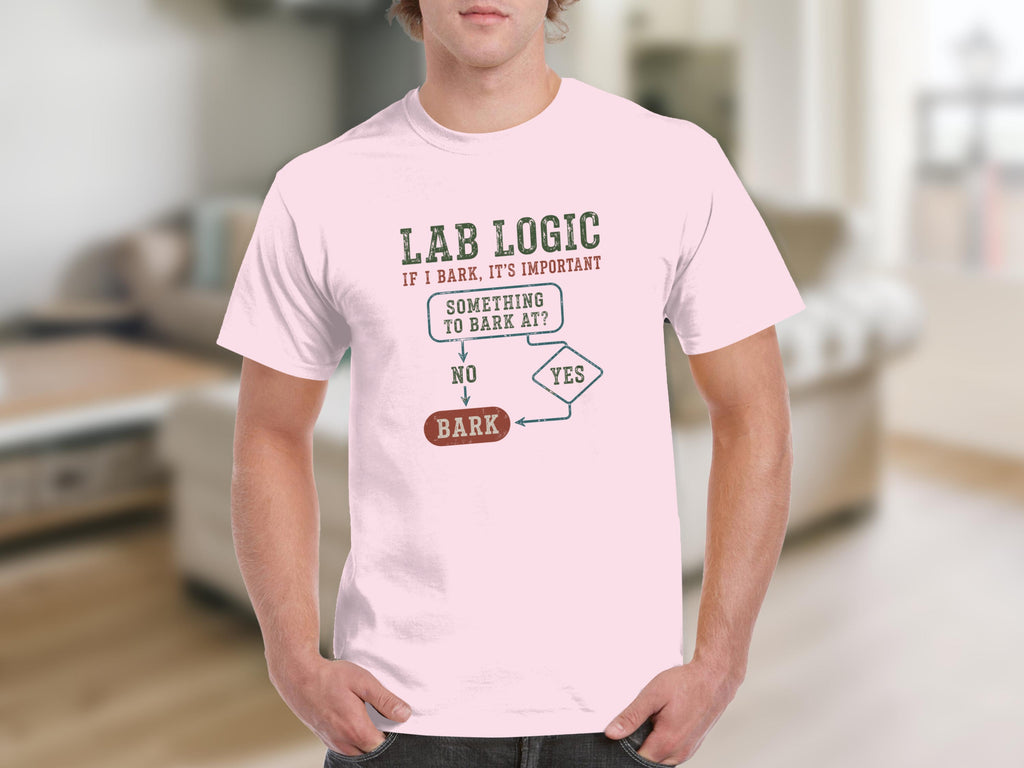 T-shirt with "Lab Logic" flowchart about barking.