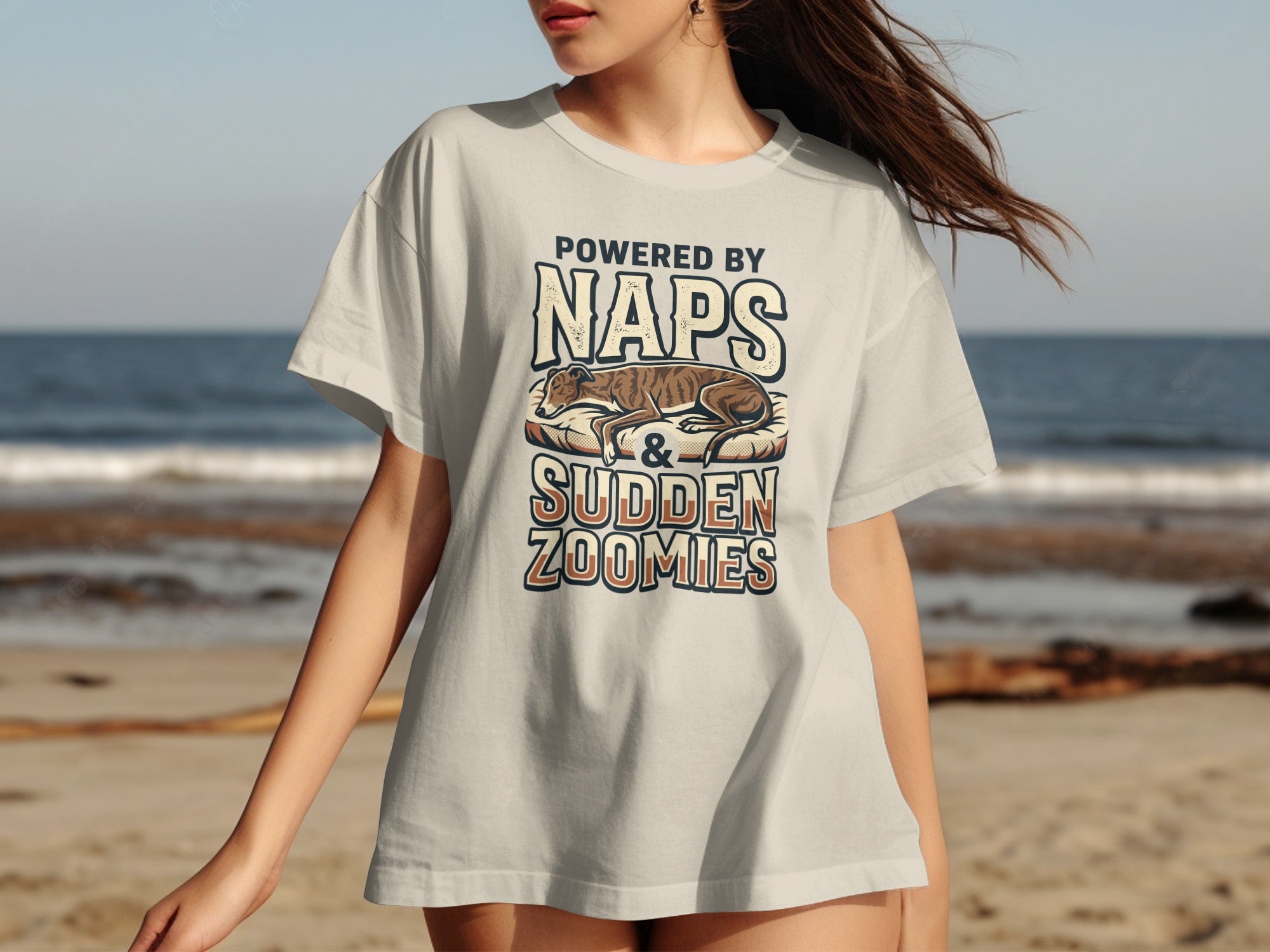 Cream t-shirt with "Powered by Naps & Sudden Zoomies" text and dog graphic.