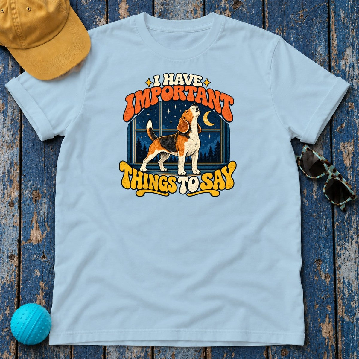 I Have Important Things to Say Beagle T-Shirt in Light Blue - flat lay