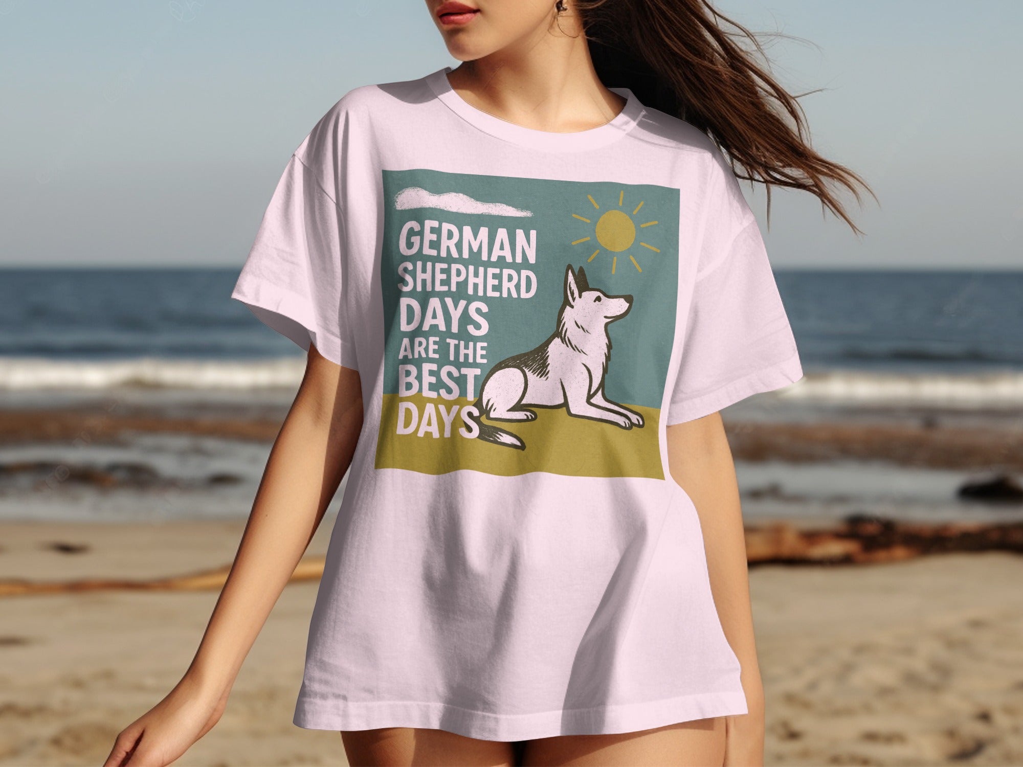 White t-shirt with German Shepherd illustration and text "German Shepherd Days Are The Best Days."