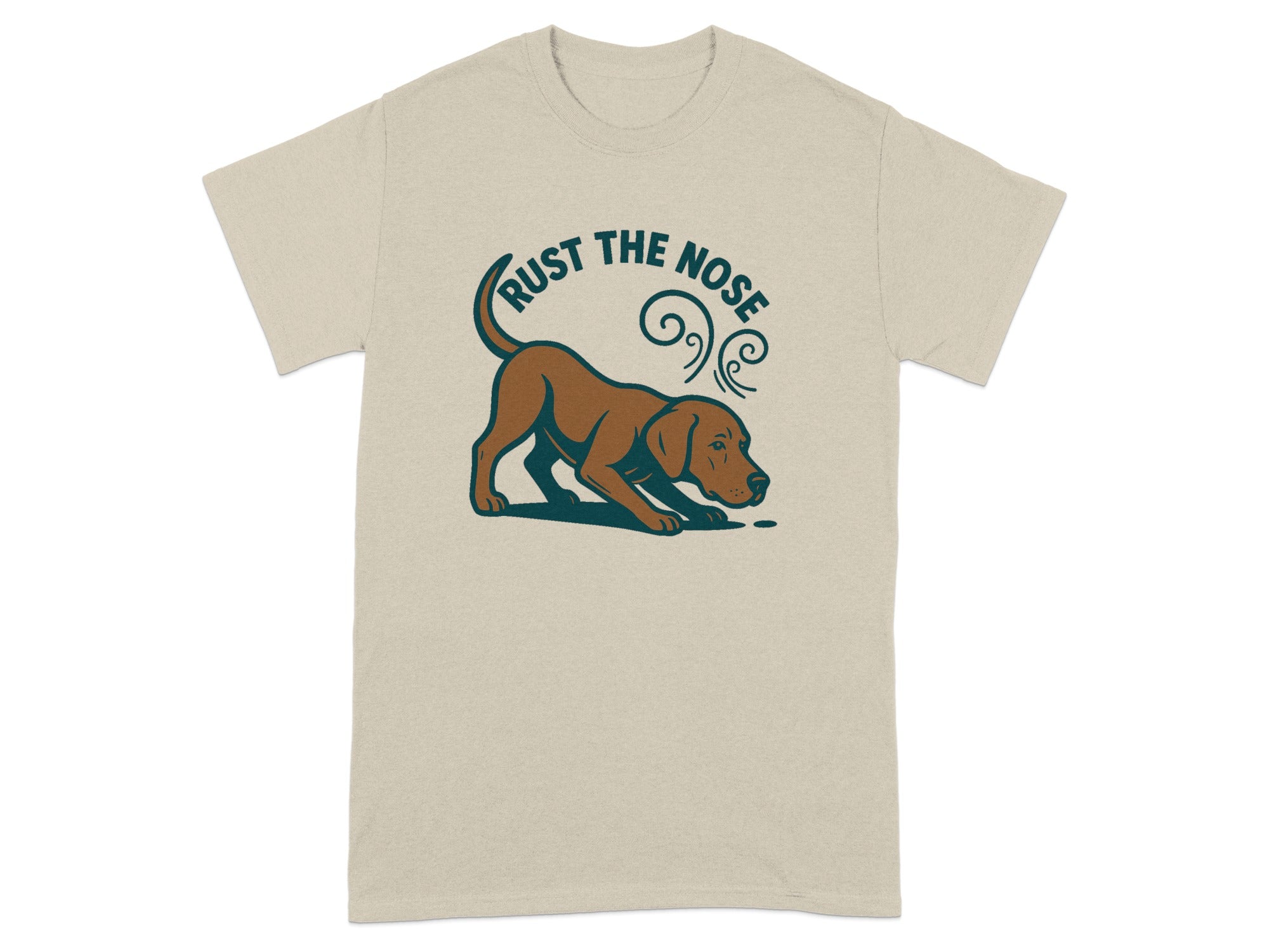 Light tan t-shirt with brown dog and text "RUST THE NOSE"