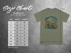 Gildan 5000 Heavy Cotton T-shirt size chart with dog graphic.