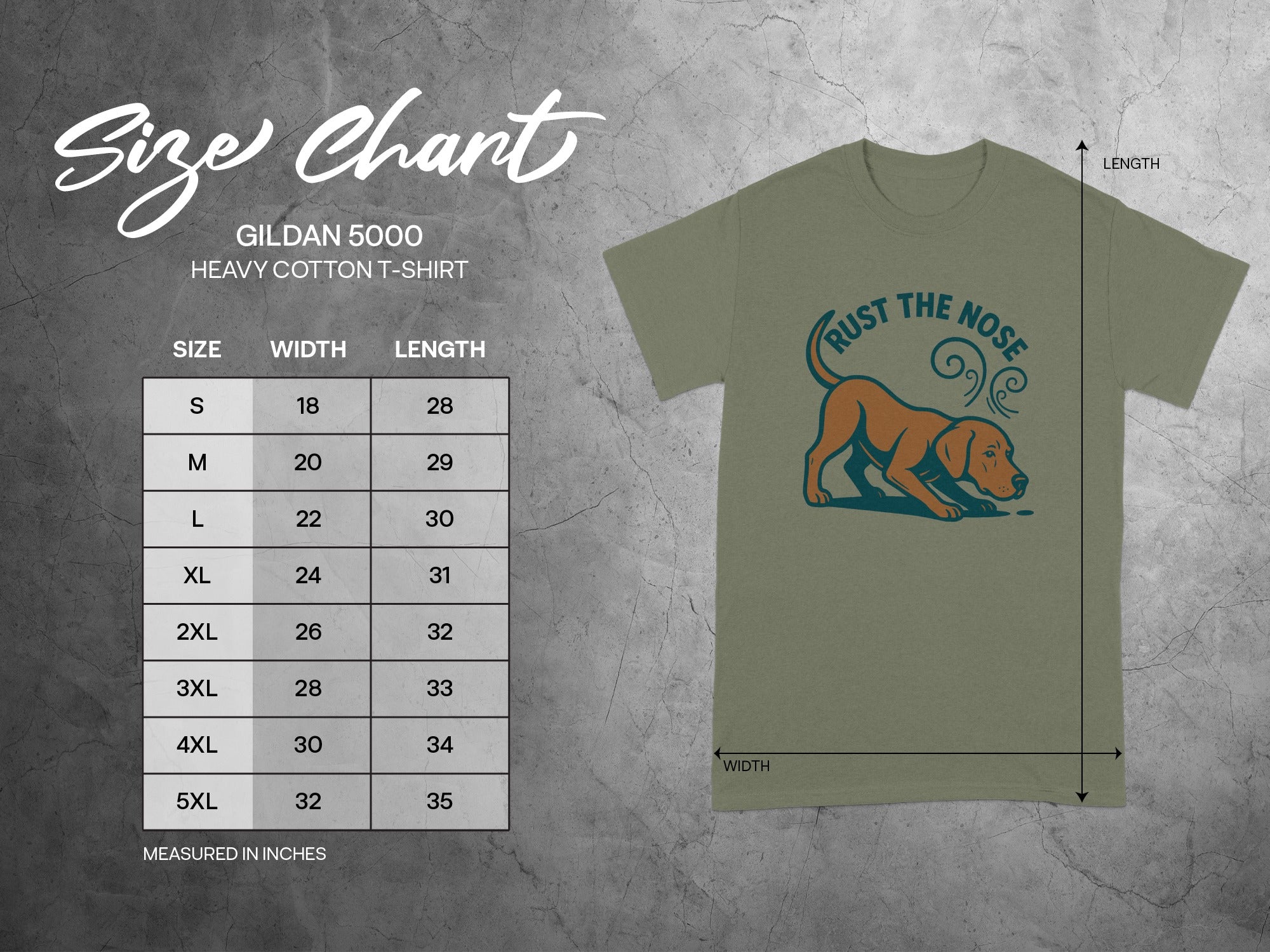 Gildan 5000 Heavy Cotton T-shirt size chart with dog graphic.