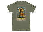 T-shirt with a tarot-style illustration of a large dog labeled "65 pound lap dog".