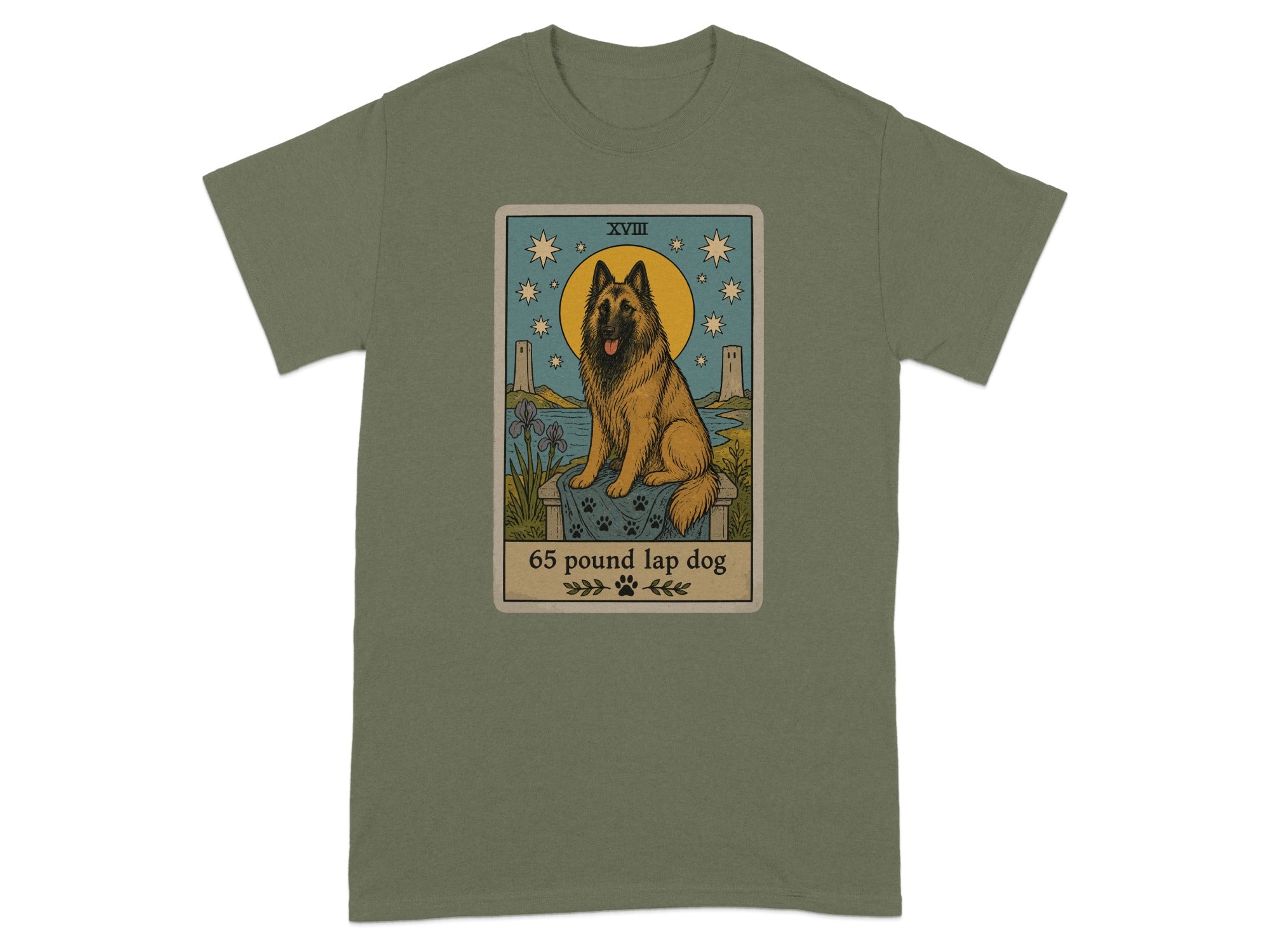 T-shirt with a tarot-style illustration of a large dog labeled "65 pound lap dog".