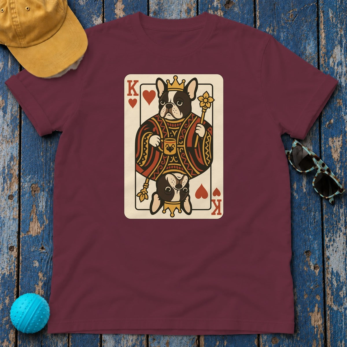 King Of Hearts French Bulldog Playing Card Funny Unique Design T-Shirt in Maroon