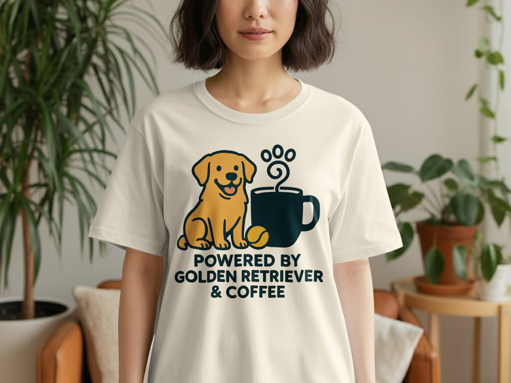 Cream t-shirt with "Powered by Golden Retriever & Coffee" and illustration of a dog and coffee cup.