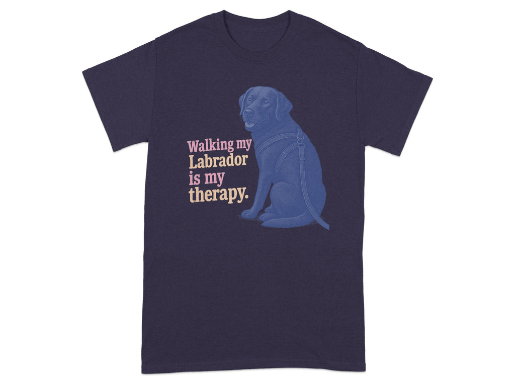Dark navy t-shirt with text "Walking my Labrador is my therapy" and dog graphic.