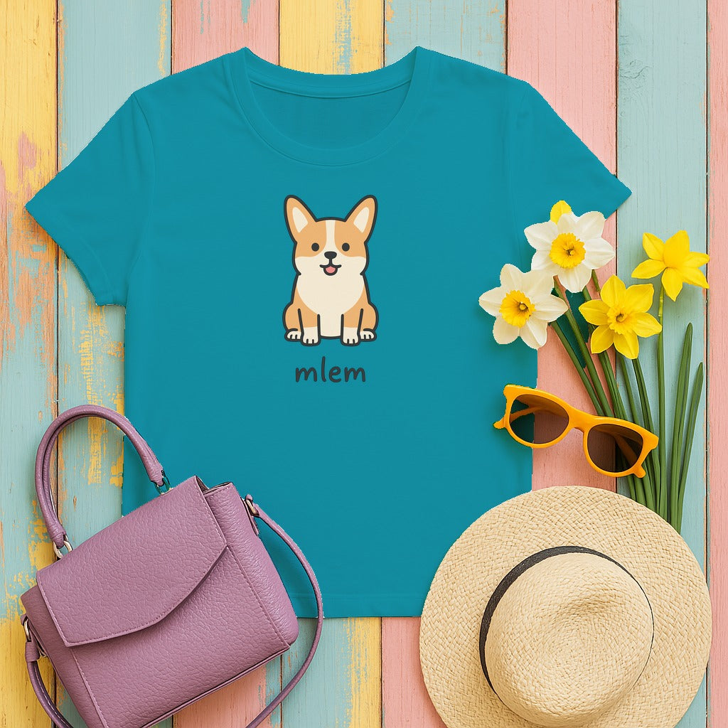 Cute Cartoon Corgi Mlem Funny Dog T-Shirt in Tropical Blue