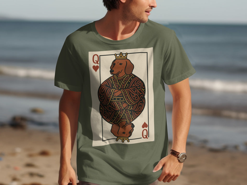 T-shirt with Queen of Hearts playing card graphic featuring a crowned dachshund.