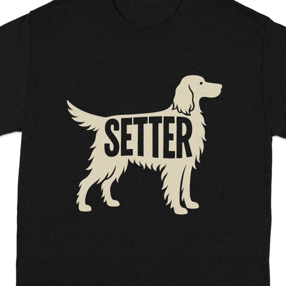 Black t-shirt with a beige silhouette of a setter dog and word "SETTER".