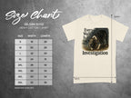 Gildan 5000 t-shirt size chart with dog graphic and text "Every Walk Is an Investigation".