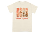 T-shirt with four panels showing golden retrievers playing with a ball.