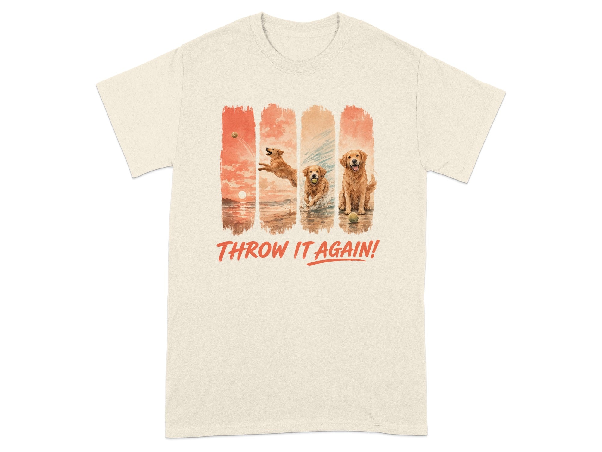 T-shirt with four panels showing golden retrievers playing with a ball.