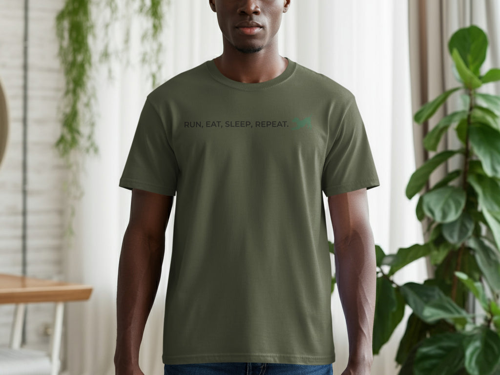 Olive green t-shirt with "RUN, EAT, SLEEP, REPEAT." printed on chest.