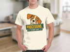 Beagle dog with "PROCESSING... PLEASE WAIT" text on a cream t-shirt.