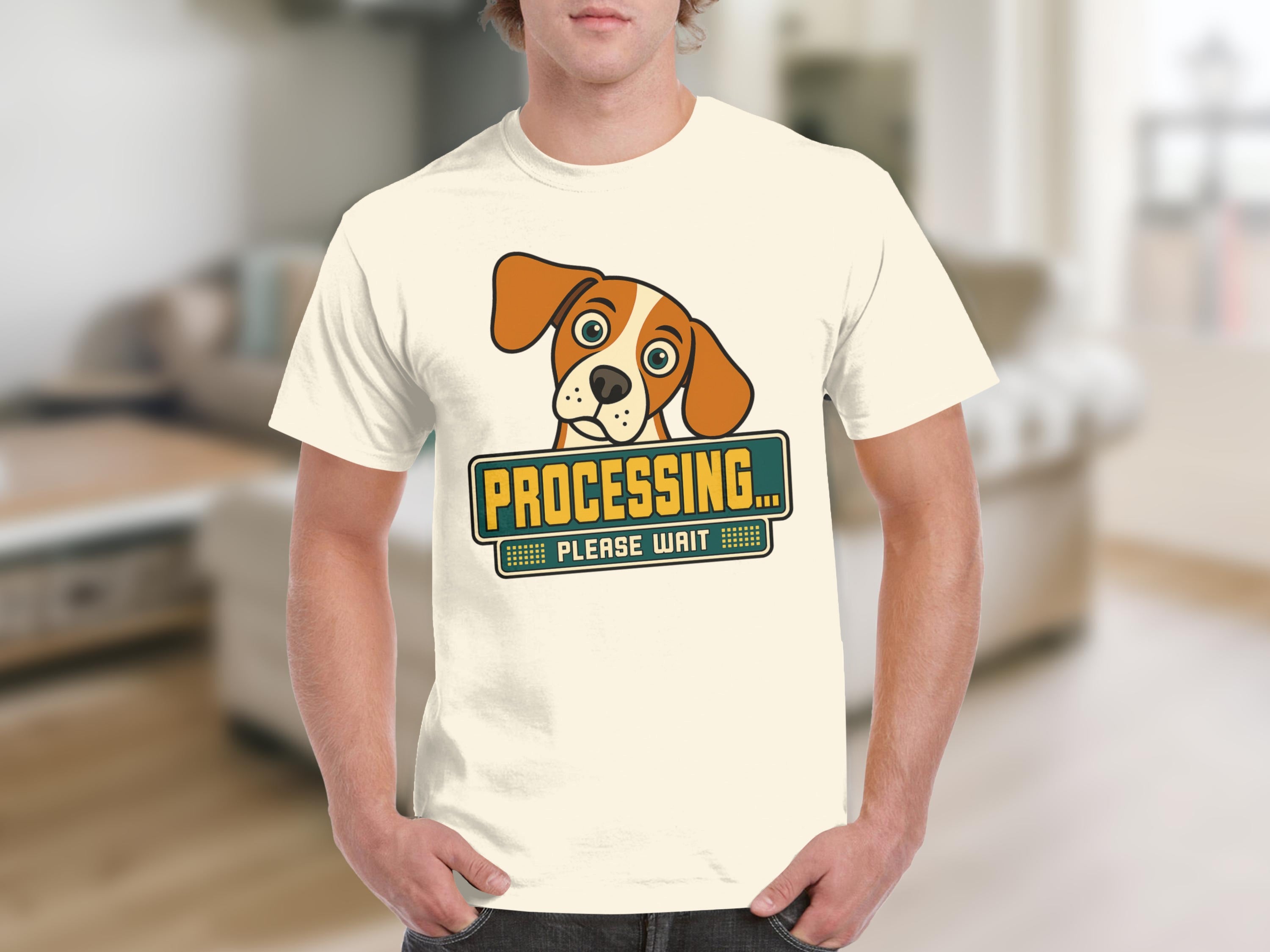 Beagle dog with "PROCESSING... PLEASE WAIT" text on a cream t-shirt.