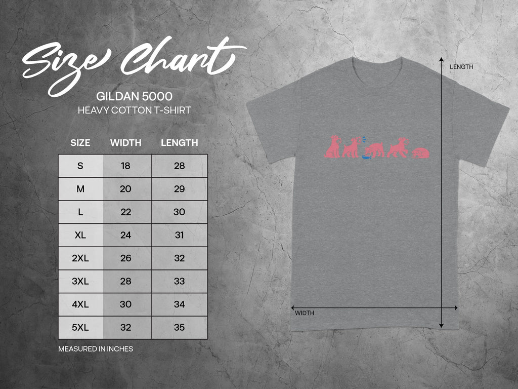 Gildan 5000 Heavy Cotton T-shirt size chart with measurements in inches.