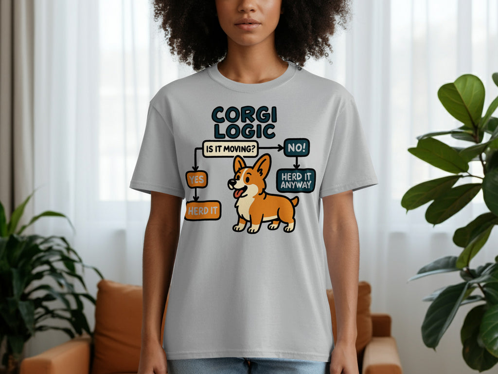 Corgi Logic flowchart with a corgi: if moving, herd it; if not, herd it anyway.