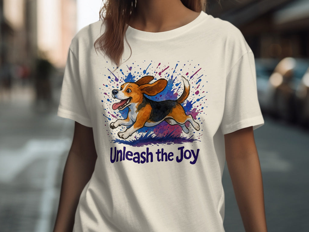 White t-shirt with watercolor beagle running and the text "Unleash the Joy."