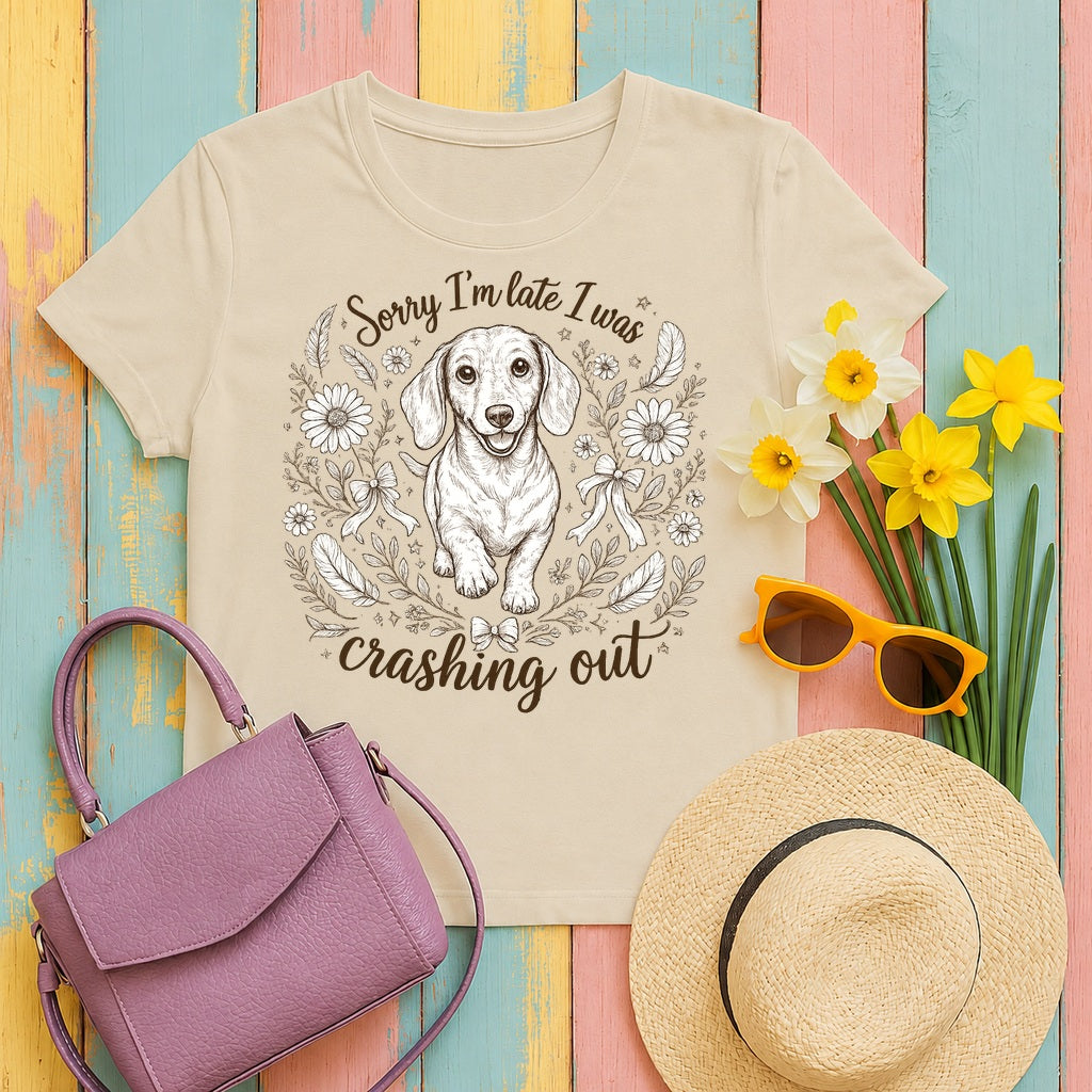 Whimsical Dachshund 'Crashing Out' T-Shirt in Sand