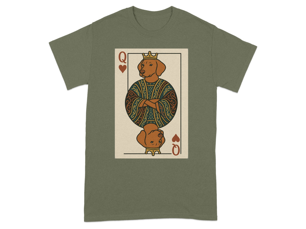 Queen of Hearts playing card featuring a dog wearing a crown and ornate robe.