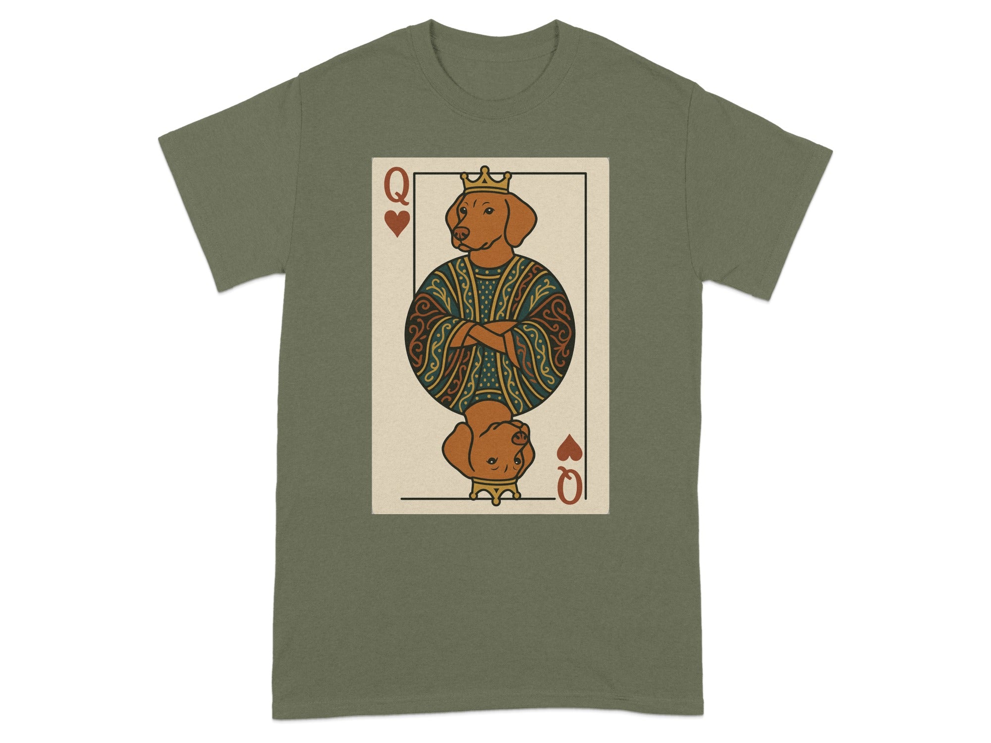 Queen of Hearts playing card featuring a dog wearing a crown and ornate robe.