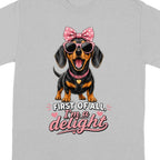 Dachshund wearing sunglasses and pink bow, with text "First of all, I'm a delight".