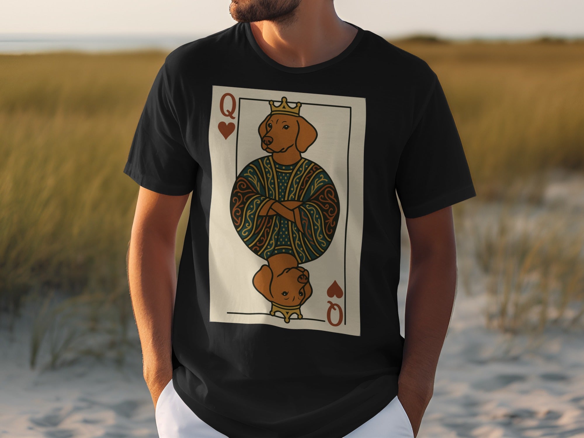 Black t-shirt with Queen of Hearts playing card featuring a dog.