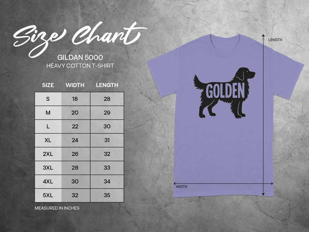 Gildan 5000 Heavy Cotton T-Shirt size chart with width and length measurements in inches.