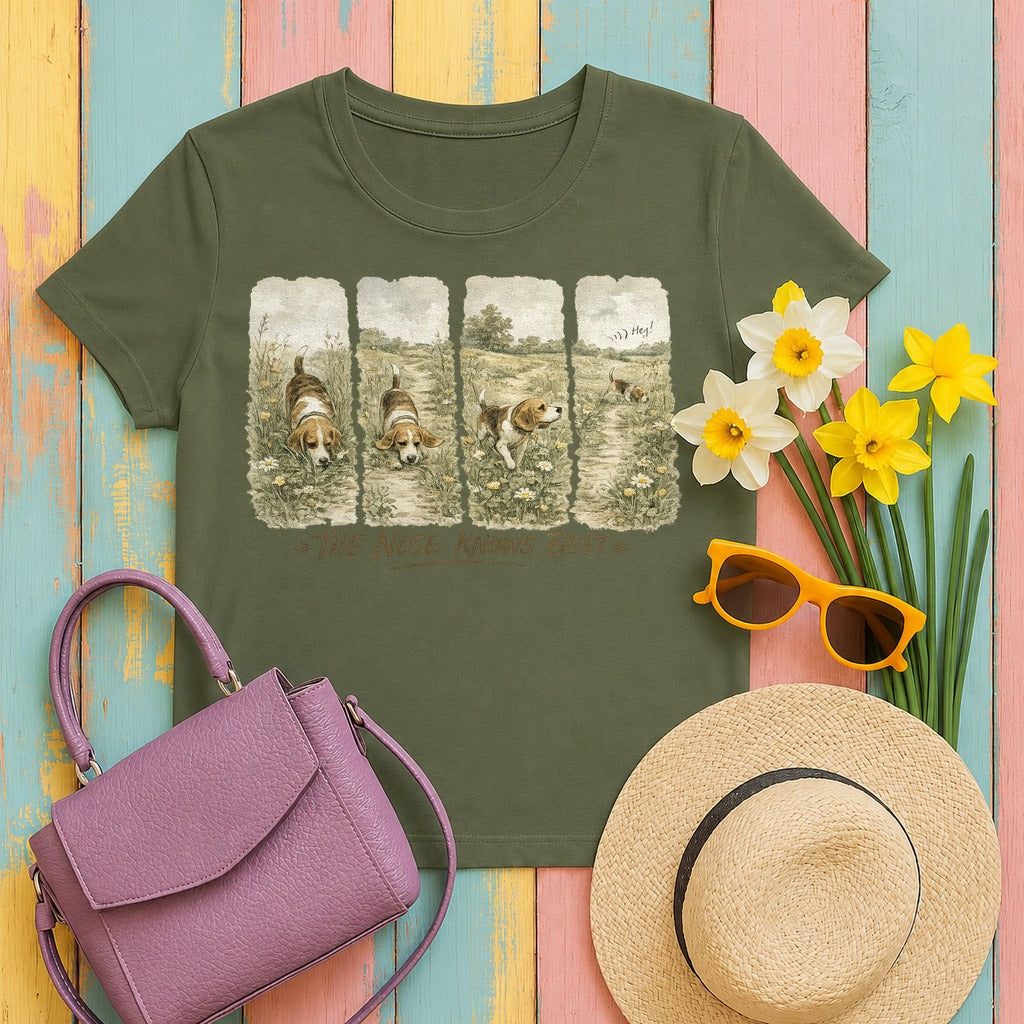 Beagle's Path: A Whimsical Watercolor T-Shirt in Military Green
